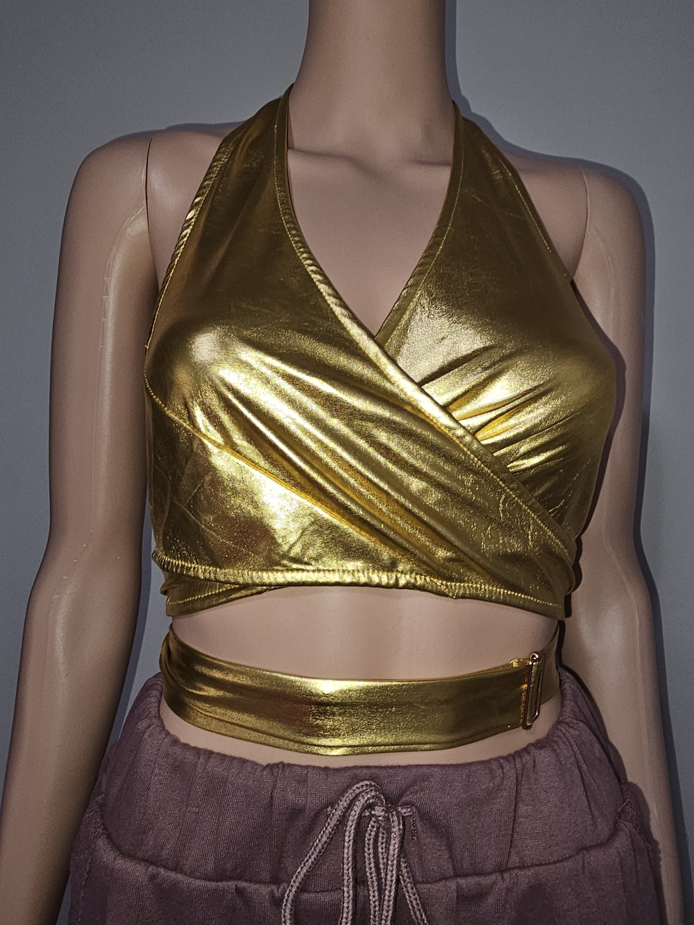 Allegra K Metallic Gold Wrap Halter Crop Top with Side Buckle